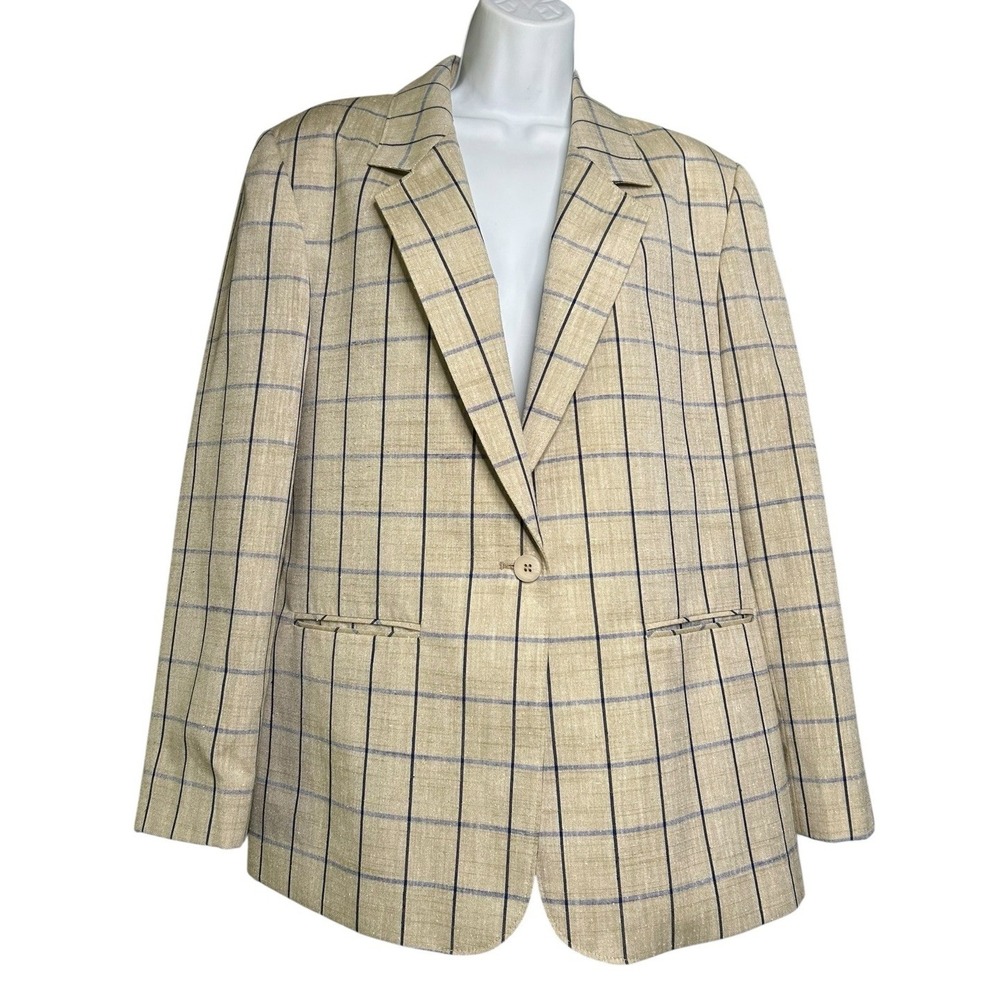 Pendleton Poly Silk Rayon Blend L/S Blazer Womens Size 14 Beige Blue USA Made
